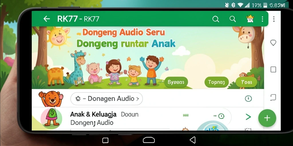 Tampilan antarmuka RK77 yang ramah anak dengan berbagai pilihan dongeng.